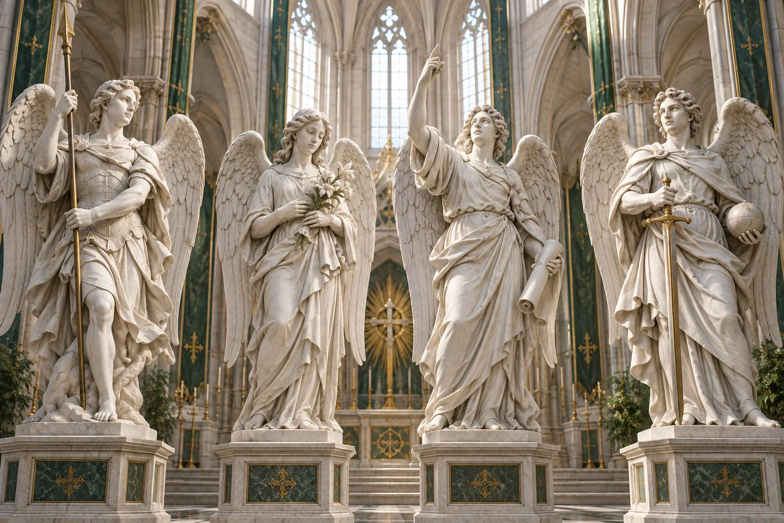 Artistic depiction of four marble archangel sculptures in a cathedral